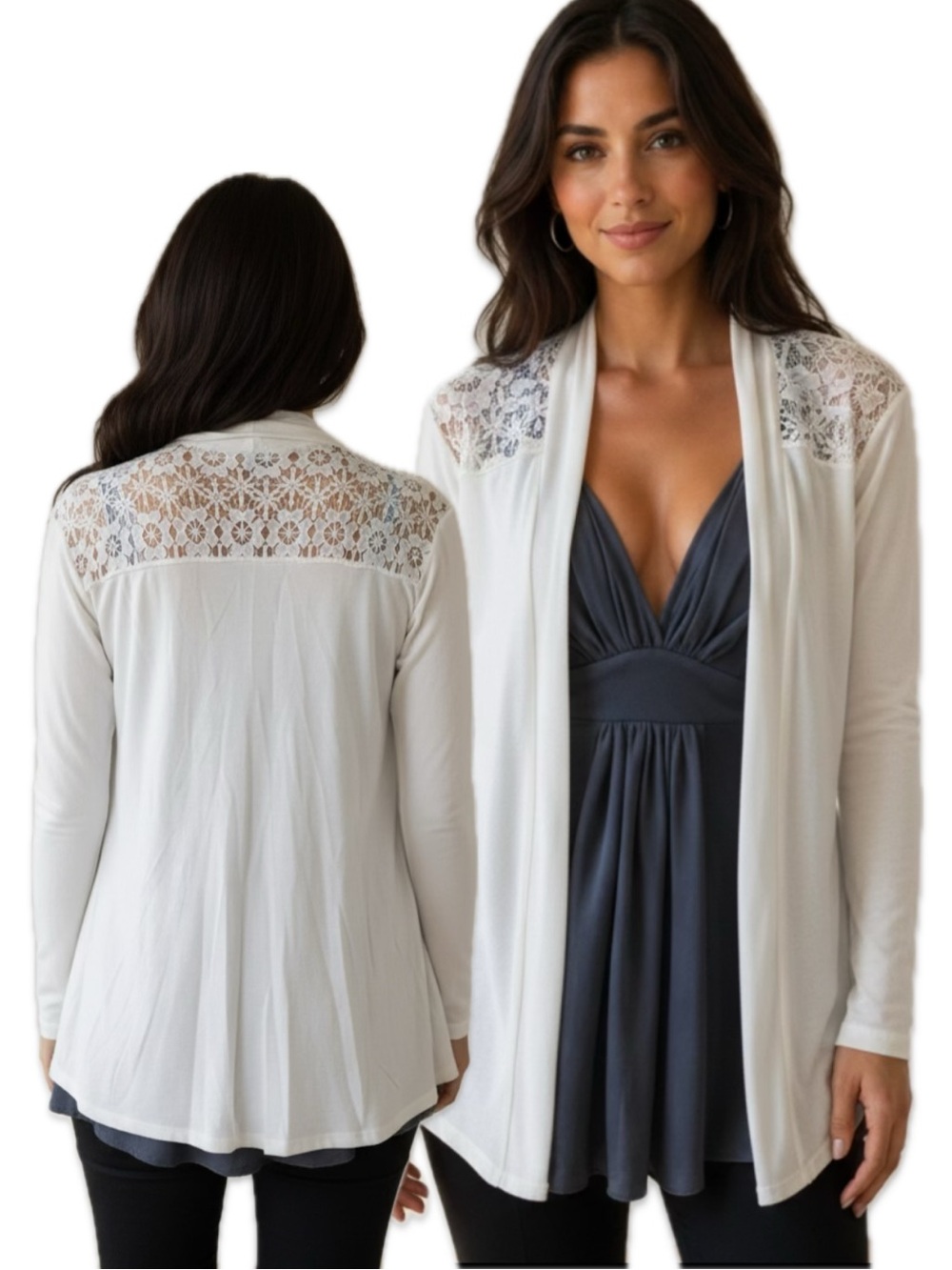 Cable & Gauge White Lace Yoke Open Cardigan XL
